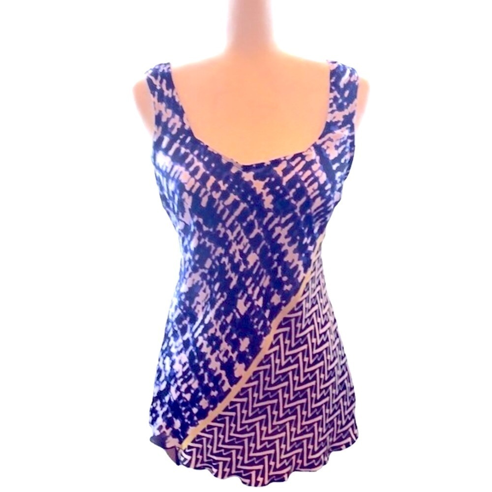 Zozo Silky Tank Top Lightweight Abstract Design Blue White Black Women’s Small